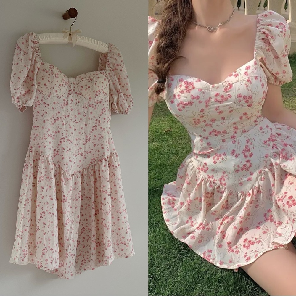 Women's Romantic babydoll Floral Print Puff Sleeve Mini Dress Sz_S